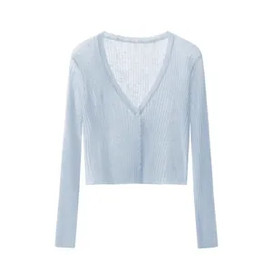 Sommer Damen dünner Sonnenschutz-Karten solide Farbe koreanische Mode weibliche kurze Oberbekleidung Eis Seide gestrickte Oberteile Reißhemden - Product Image 6
