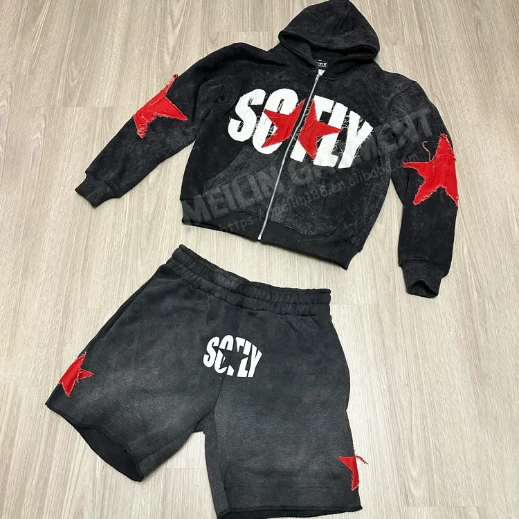 Özel asit yıkama şort ve fermuarlı kapüşonlu eşofman üstü Jog eşofman ağır Vintage yıkama sıkıntılı yama aplike şort ve Hoodie seti