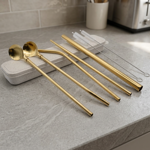 Ensemble de 5 pailles réutilisables en métal doré avec cuillère et nettoyeur, accessoires minimalistes pour bar à cocktails - Product Image 3