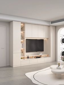 Mueble de TV Moderno Minimalista Color Crema, Panel de Madera Acanalado, Centro de Entretenimiento con Montaje en Pared o Suelo, Iluminación LED, Estilo Rústico para <span class=keywords><strong>Hotel</strong></span> - Product Image 2