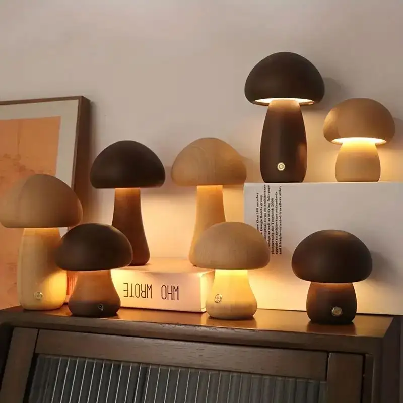 5V USB Rechargeable Wooden Mushroom Lamp Touch Switch Mushroom Night Light Bedroom Decor