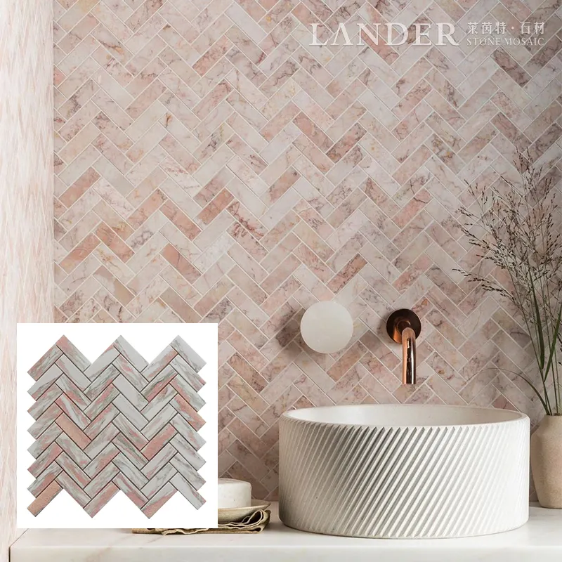 Lander Stone ROSA NORVEGIA Carreaux de mosaïque à chevrons Salle de bain Sol Panier mural tissage vert Mosaïques de marbre blanc