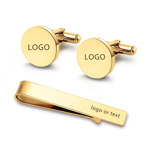 Boutons de manchette personnalisés en acier inoxydable gravé avec logo, boutons de manchette vierges pour hommes et ensemble de pince à cravate - Product Image 1