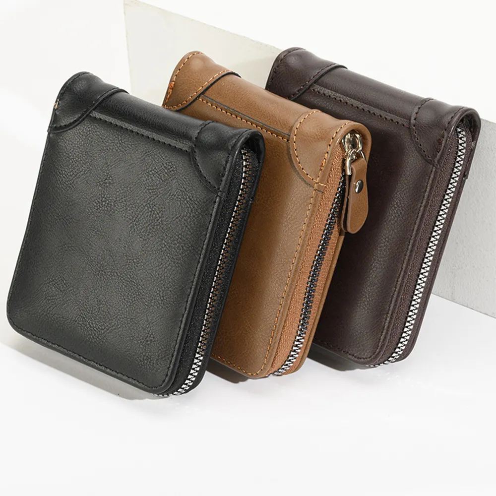 กระเป๋าเงินแฟชั่นหนัง PU สำหรับผู้ชายกระเป๋าใส่นามบัตรมีซิปกระเป๋าสตางค์แบบมีซิปป้องกันการโจรกรรมสำหรับผู้ชาย