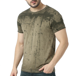 T-shirt vintage délavé pour homme, col rond, manches courtes, coupe classique, en coton et soie jacquard, motif graphique, vente en gros - Product Image 4