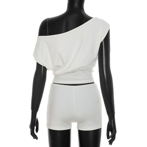 Viviblook J26ST267 Women Casual <b>Set</b> Solid Color Slim Fit <b>Sexy</b> Off Shoulder Short Sleeved T-Shirt Shorts Two Piece <b>Set</b> - Product Image 6