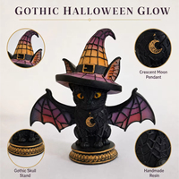 Lampe de Table Chat Noir Gothique Tiffany Vitrail, Abat-jour Chapeau de Sorcière Résine, Veilleuse Halloween Décoration Bureau (