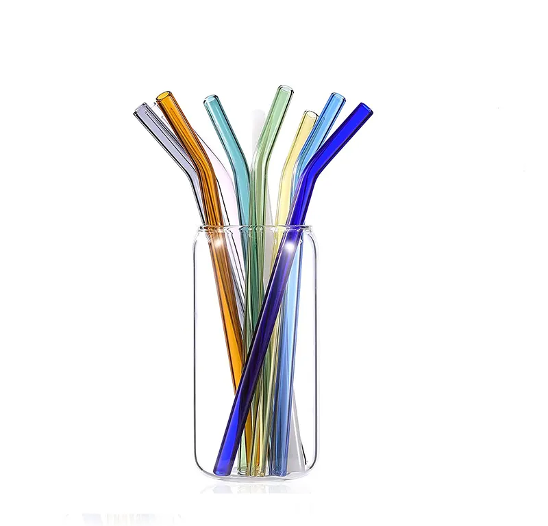 شو x 8 ماصة زجاجية قابلة لإعادة الاستخدام ماصة زجاجية ملونة شفافة من البورسليكات البيئية لعصير الكوكتيل
