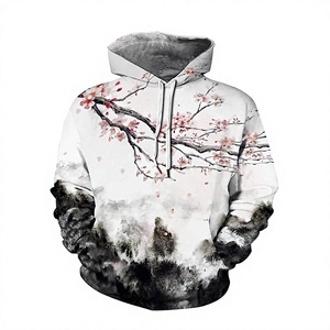 Sweat-shirt à capuche imprimé paysage brumeux avec branche fleurie artistique pour un usage décontracté - Product Image 5
