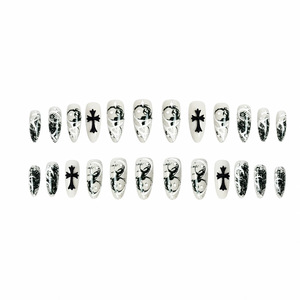 Faux ongles à pression Dark Halloween, 24 pièces, design croix noir et gris, réutilisables, pour fête à thème, décoration d'ongles DIY - Product Image 3