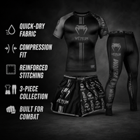 Ensemble MMA 3 pièces : Rashguard, Short de combat et Pantalon de compression gris effet usé. Logo personnalisé, OEM, ODM, faible MOQ, direct usine.