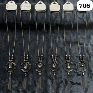 PingBling Designer Gunmetal <b>Long</b> <b>Necklace</b> with Double Circle Zircon Flower Shape Pendant and Chain Tassel Elegant for Women - Product Image 2