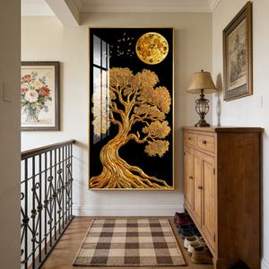 Arte Mural Moderno para Decoración del Hogar, Impresión HD, Paisaje de Árbol Dorado para Entrada, Sala de Estar, Pintura de Porcelana con Cristal LED - Product Image 4