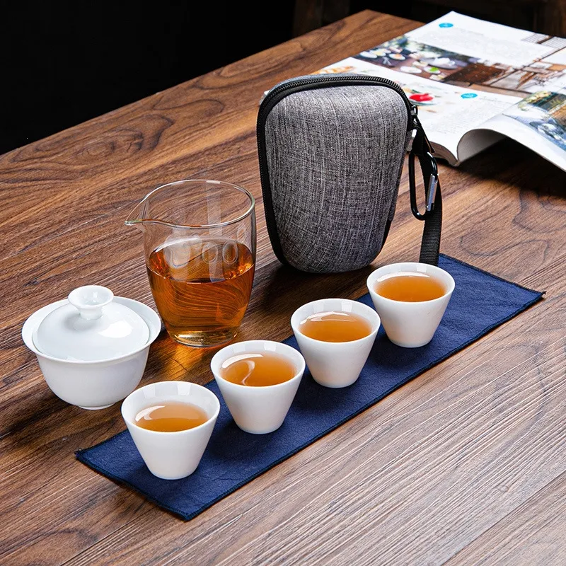 Conjunto de chá de viagem portátil de chinês, kit de chá viagem com bule de cerâmica gaiwan com bolsa de viagem para uma