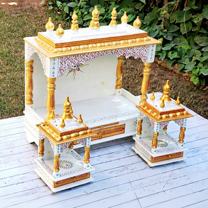 Conjunto de 3 Templos Hindúes de Madera Hechos a Mano en India, Color Blanco Dorado, para Decoración de Pooja, Sala de Adoración y Altar Espiritual - Product Image 1