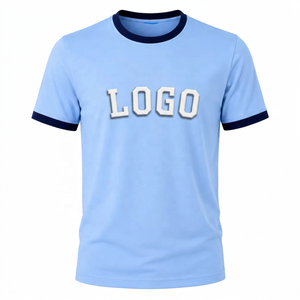 Camiseta de Manga Corta Azul Claro para Hombre, con Ribete en Contraste Azul Marino, Corte Regular, Cuello Redondo, Color Sólido, Diseño Personalizado, Secado Rápido - Product Image 1