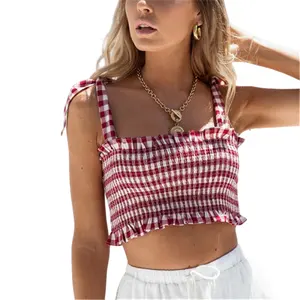 Women Gingham Printed Shirred Crop Tank Tops