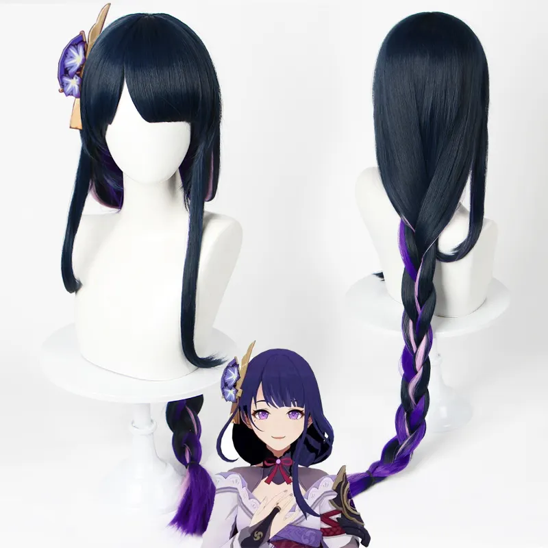 Wholesale Genshin Impact Wig Cosplay 100cm Long Straight Blue Purple Mixed Raiden Shogun Baal Wig Synthetic Anime Hair Peluca