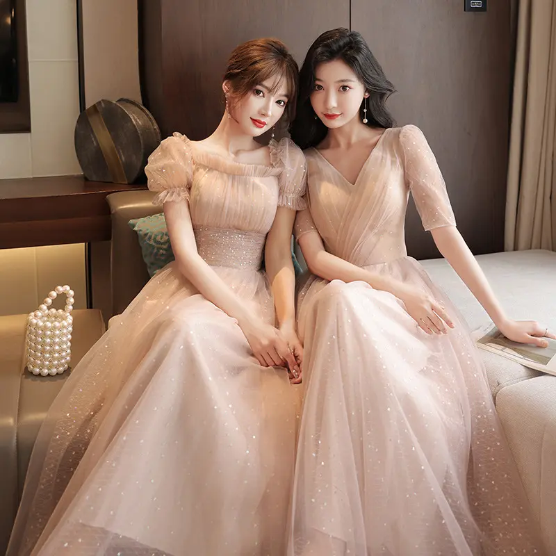 Glittering Tulle Long Overlay Pink Plus Size Bridesmaid New Style Women Fairy Midi Long Sisters Marriage Wedding Evening Dresses