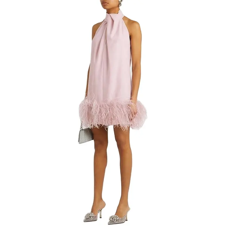 OEM New Design Women Casual Summer Party Mini Dresses Zipper Loose Turtleneck Sleeveless Sexy Pink Feather Dress