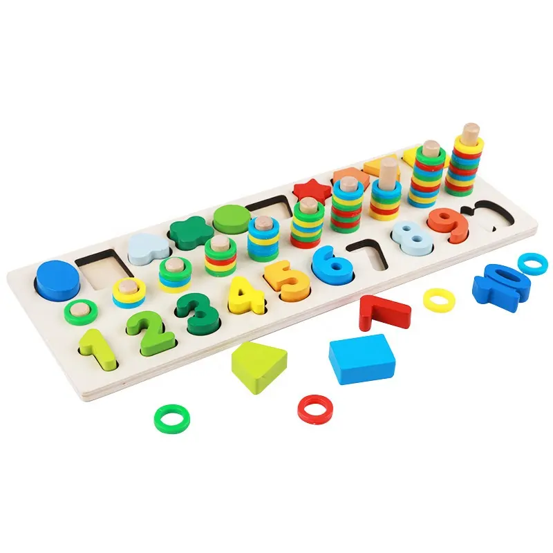 Kids wooden educational learning math board preschool number count geometric shape matching sorting toys blocks stacking games