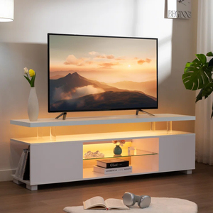 Mobile Porta TV Moderno con Ripiano in Vetro Lucido e Tavolo in Truciolato, Design Contemporaneo - Product Image 1