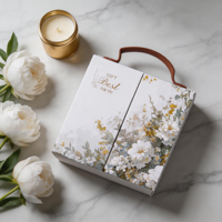 Boîte cadeau vide élégante personnalisée à motif floral avec poignée, emballage en carton blanc, boîte rigide pour les faveurs de mariage