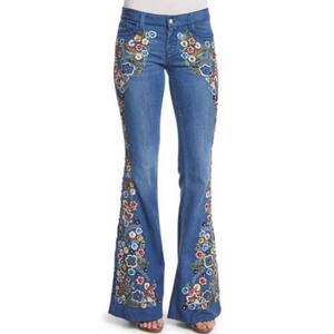 <span class=keywords><strong>Jean</strong></span> Stretch Vintage pour femmes, taille Plus, Design décontracté évasé, broderie de <span class=keywords><strong>fleurs</strong></span> - Product Image 1