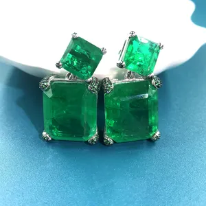 Square Cut Setting Cubic Zirconia Dangle Earings Jewelry Women 925 Silver Emerald Green Earrings