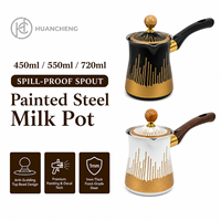 HC Venta al por mayor Jarra de café turco de acero inoxidable de 450-720ml con boquilla de desviación y mango de madera, Jarra para Latte Art OEM 6 piezas para Cafeterías y Comercios
