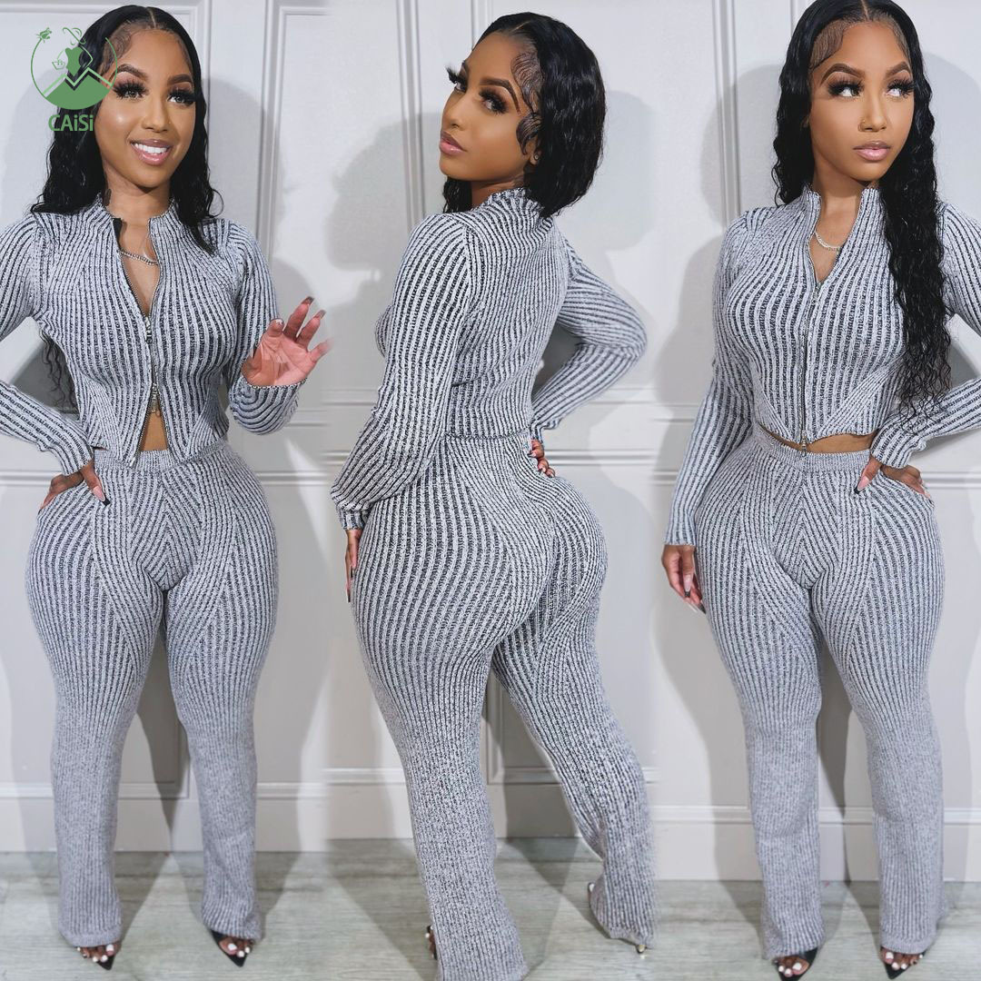 New Knit Casual 2 Piece Set Outfit Women Solid Zip Slim Crop Top and Flare Pants Two Piece Set Women Clothing