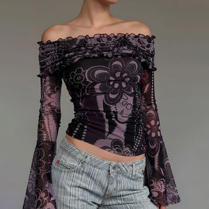 Camiseta de malla estampada vintage francesa con hombros descubiertos para mujer, blusa elegante fruncida de ajuste ceñido para primavera y otoño - Product Image 2