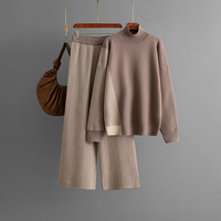 Ensemble de chandails en tricot pour femmes, haut à col roulé contrasté, pantalon large, ensemble deux pièces