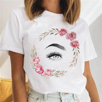 Groothandel dameskleding bedrukte grappige T-shirts cartoon wimpers dame korte mouw grafische goedkope plus size goedkope T-shirts tops