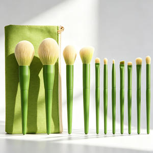 Ensemble de 11 pinceaux de maquillage verts, poils en nylon, manche en bois, design dispersé pour le blush des joues, pinceaux cosmétiques pour le visage avec sac - Product Image 4