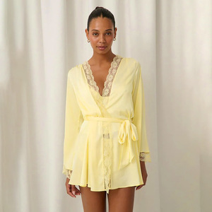 Robe en soie pour femmes avec garniture en dentelle, vêtements de nuit courts à nouer, vêtements décontractés pour la maison - Product Image 3