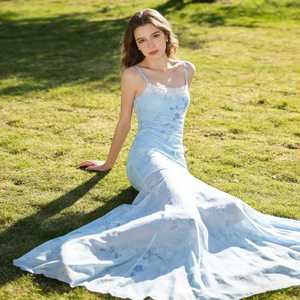 Vestido largo de verano estilo INS con encaje y patchwork, vestido de malla con estampado floral ombré, estilo sirena, elegante para mujer. - Product Image 3