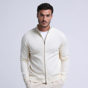 <span class=keywords><strong>Cardigan</strong></span> Bianco Crema con Zip Integrale per Uomo, Maglione Minimalista a Collo Alto con Tasche e Dettagli a Bottoni per Primavera - Product Image 1