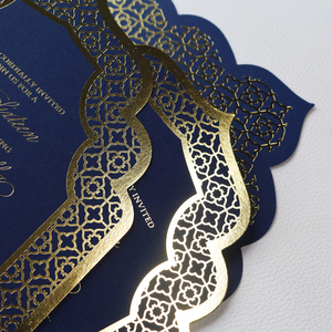 Invitaciones de lámina de oro con sello caliente azul marino oscuro <span class=keywords><strong>arabesco</strong></span> personalizado de lujo con sobre RSVP para boda de cumpleaños dulce 16 - Product Image 4