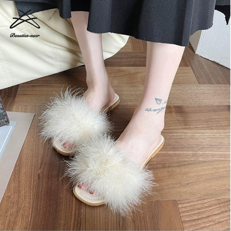 New Arrivals: White Feather Slippers Fluffy Stylish