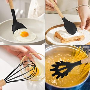 Ensemble de spatules, ustensiles de cuisine, cuisson, silicone antiadhésif résistant à la chaleur, manche en bois, couleur personnalisée, logo personnalisé en stock - Product Image 3