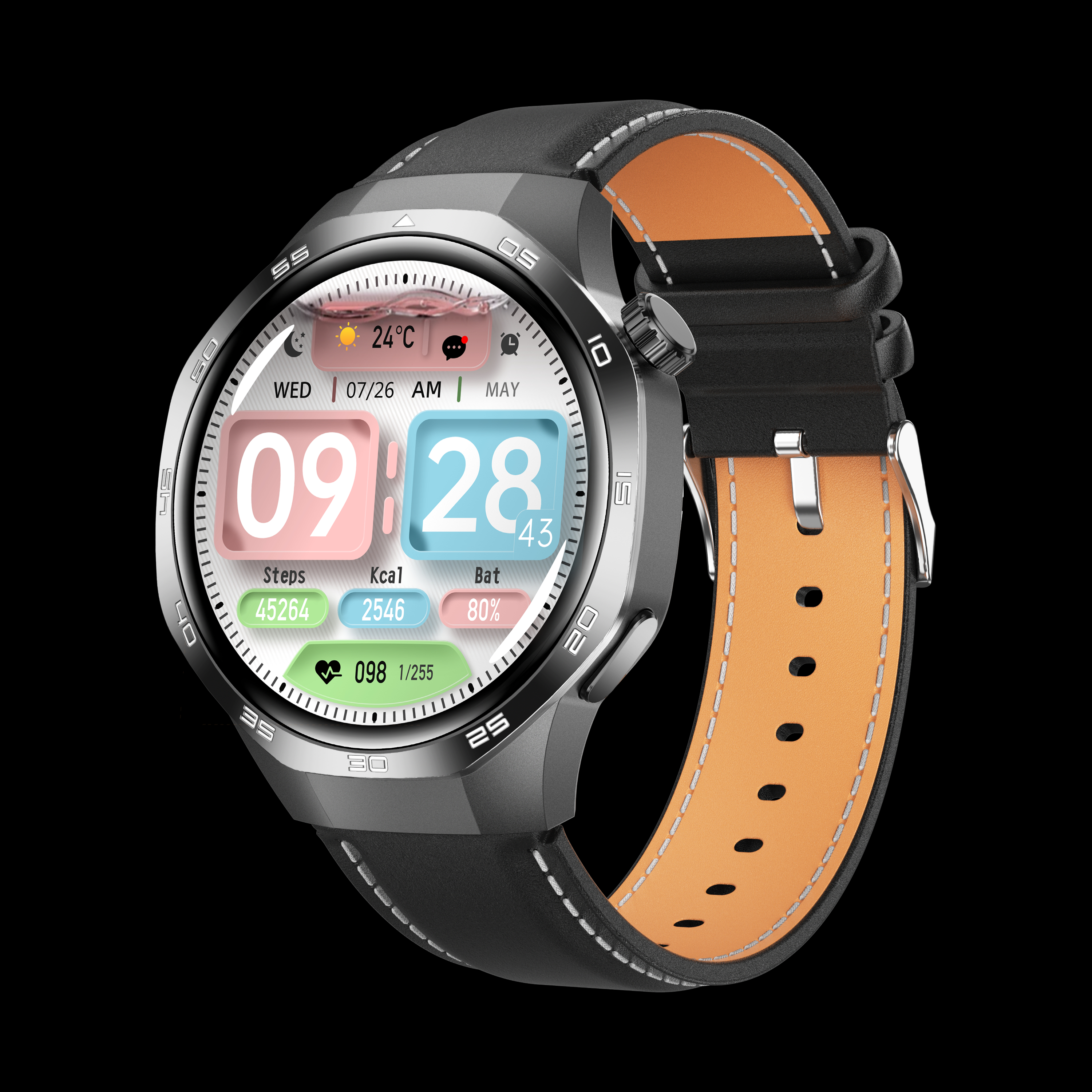 ตัวเรือนสีดำ+สายหนังสีดำ