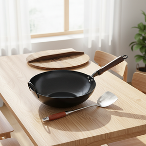 Juego de Wok Comercial de Acero al Carbono con Mango de Madera Desmontable, Tapa de Madera y Espátula para Uso en Restaurantes y Hoteles - Product Image 1