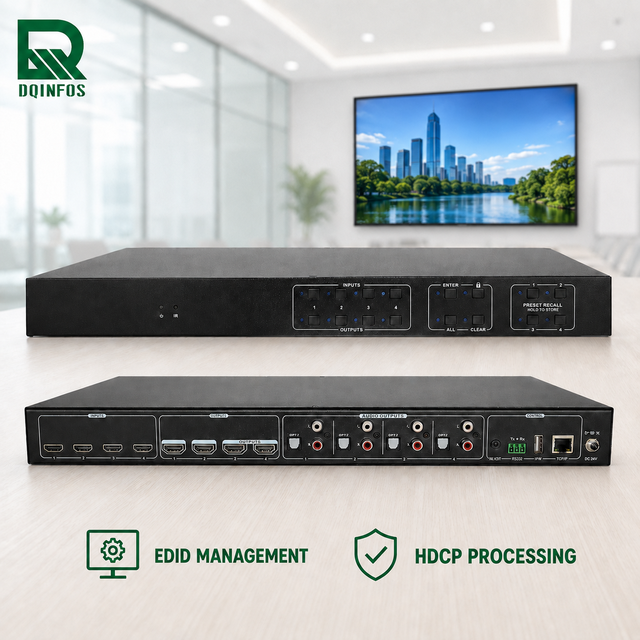 DQINFOS 4x4 H DMI 2.0 Matrix Switcher H DMI Output Supports up to 5V 500mA AOC Cable for Meeting Room AV System