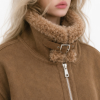 Blouson Bomber en Laine et Peau de Mouton Synthétique pour Femme, Coupe Slim, Chaud, Hiver, Marron, Personnalisable OEM ODM