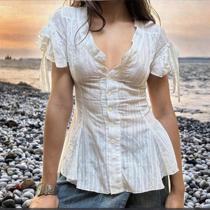 Chemisier en lin rayé blanc pour femme, col en V, manches volantées, boutonné, style Prairie Chic, manches courtes, haut printemps-été - Product Image 3