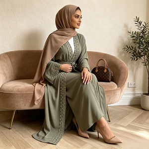 1838 #   Abaya en crêpe respirant avec perles, mode modeste, vêtements islamiques pour femmes, robe à manches longues, élégante, ouverte sur le devant, kimono musulman - Product Image 1