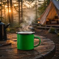 Mug émaillé vert EcoVintage 12oz avec rebord roulé, tasse à café de camping en plein air, vaisselle de pique-nique vintage, vente en gros d'usine