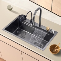 Évier de cuisine de luxe multifonctionnel moderne avec cascade et pluie, ensemble d'évier de cuisine à cuve unique en acier inoxydable 304 noir, fabriqué en Chine