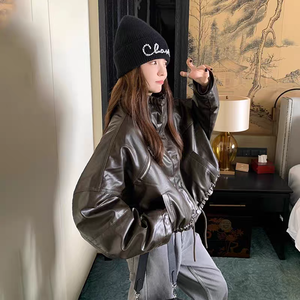 New Spring Collection Women's Cropped Stand-Collar PU Leather <strong>Jacket</strong> American Retro Hot Girl Look Relaxed <strong>Biker</strong> Style - Product Image 6